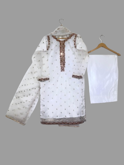 White Organza suit with handmade sitara embroidery, moti and tilla cora work White Fancy Organza 3-Piece Suit with Sitara Embroidery, Handcrafted neckline and hem, and Tilla Cora Work